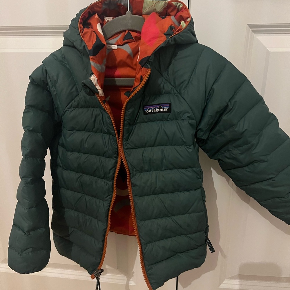 Patagonia Forest Green Jacket with Bold Orange Interior